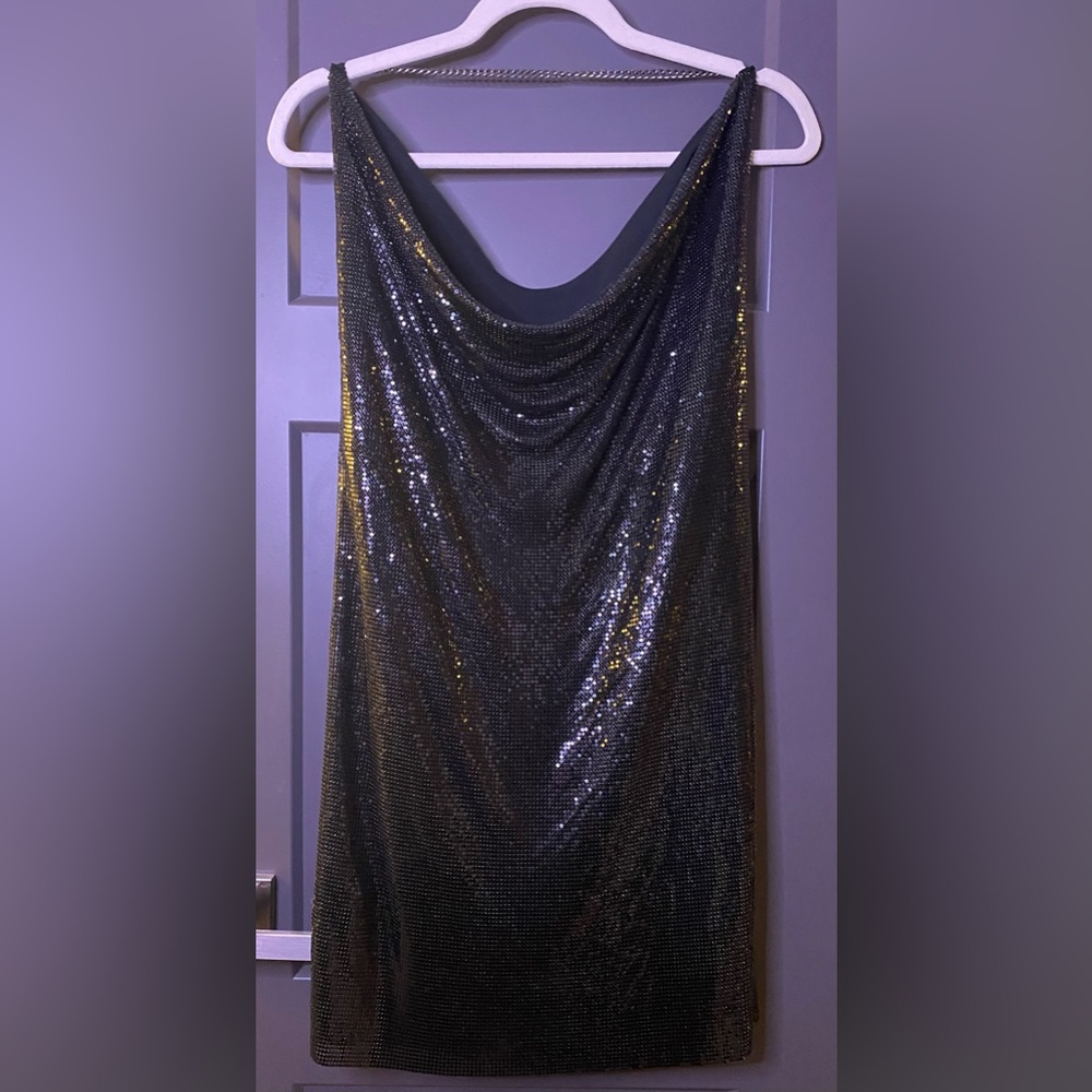 Gorgeous chain mail, black party dress halter top neckline